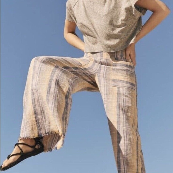 *NWT* FREE PEOPLE Moonlight Linen Blend Pull-On Wide-Leg Pant Beige/Prp/Pink — S - Picture 6 of 8